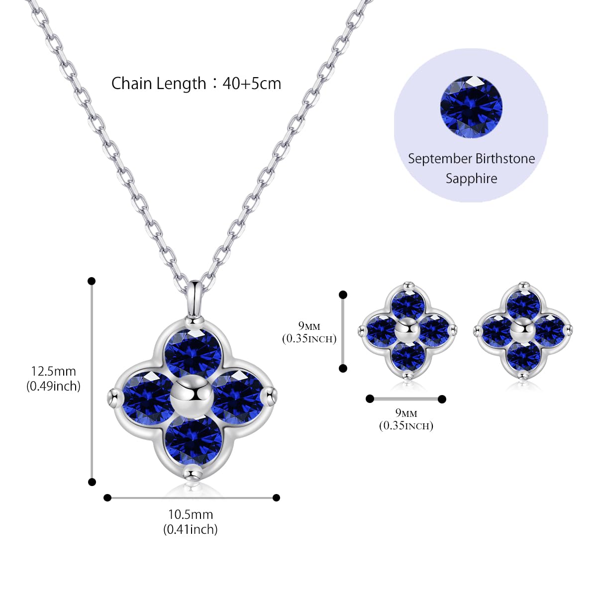 Halskette und Ohrringe Saphir Schmukset mit vierblättrigen Clover-Anhängern