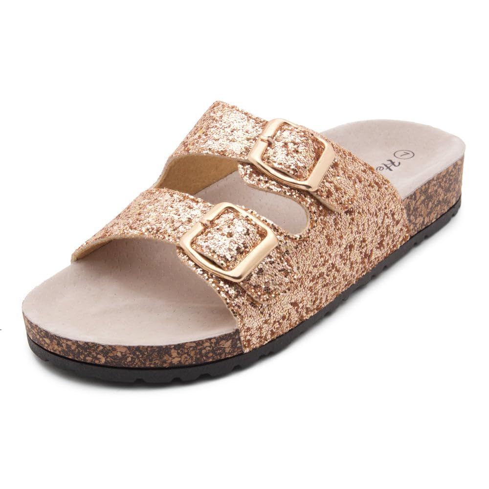Herstyle Softey Womens Cork Footbed Sandals - Adjustable 2-Strap Comfort Slides | Slip On Open Toe Flat Sandals for Women | Summer Beach Casual