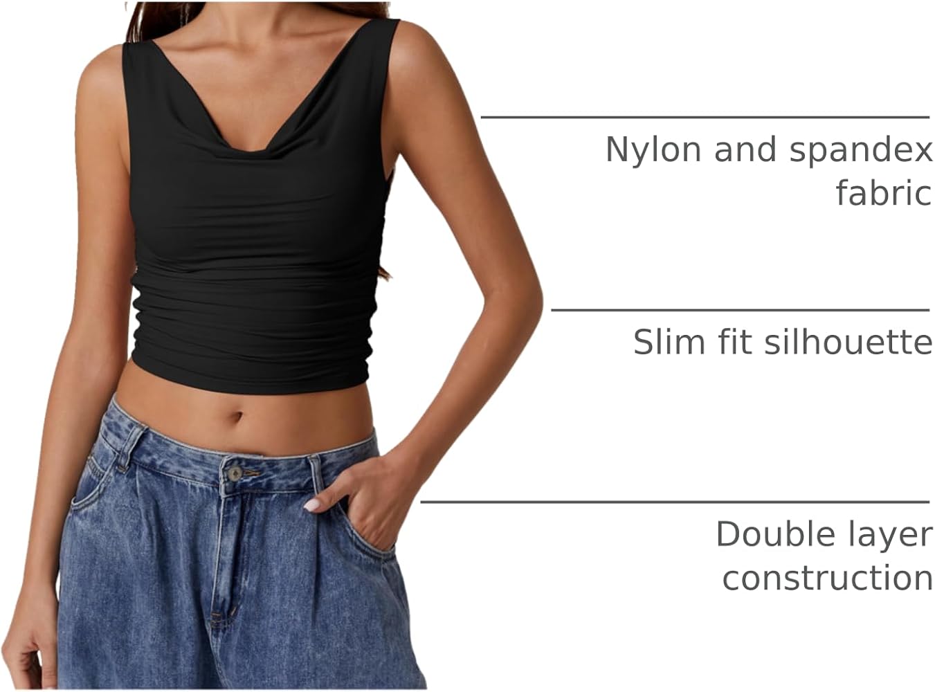 QINSEN Tank Tops for Women Cowl Neck Crop Top Ruched Side