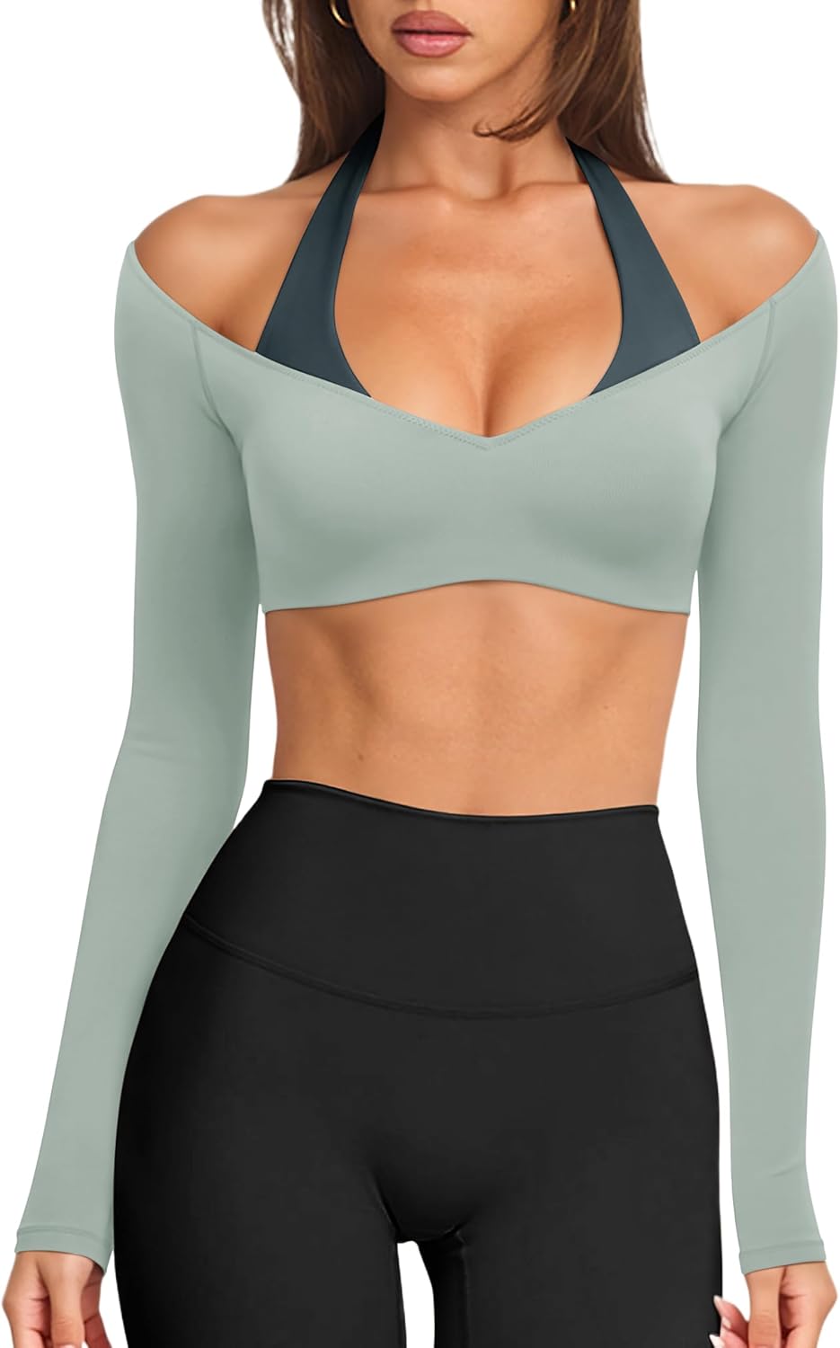LASLULU Womens Halter Crop Tops Long Sleeve Workout Top with Built in Bra