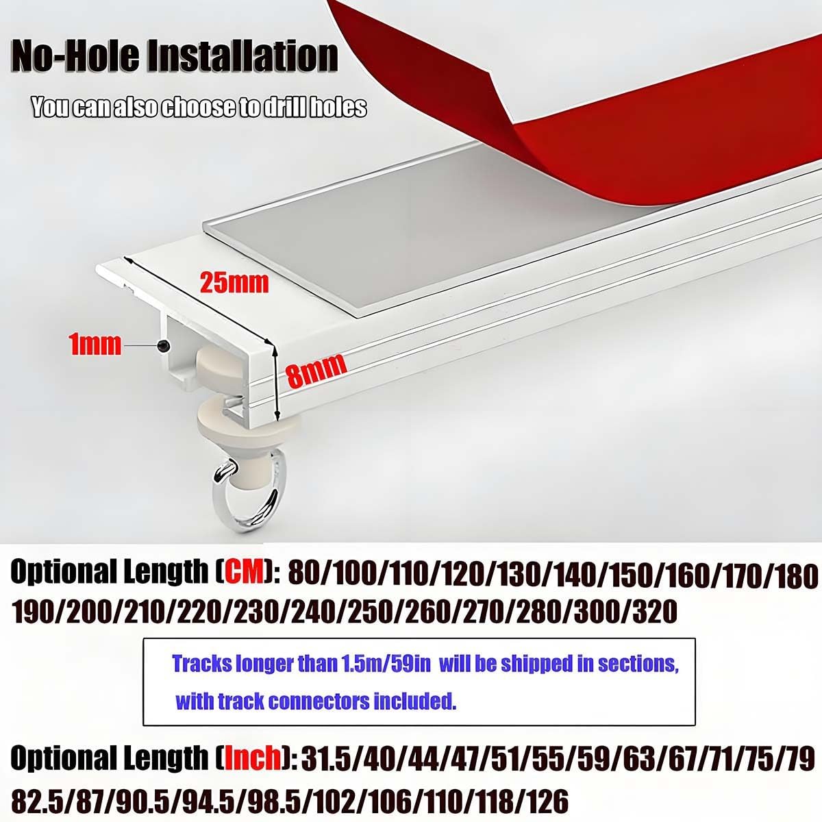 Selbstklebende Aluminiumschiene, 299,7 cm, ohne Bohren, Decken-/Wandhalterung für Schiebetüren, einfache Installation, schlankes schwarzes Finish, vielseitige Lösung zur Platzoptimierung