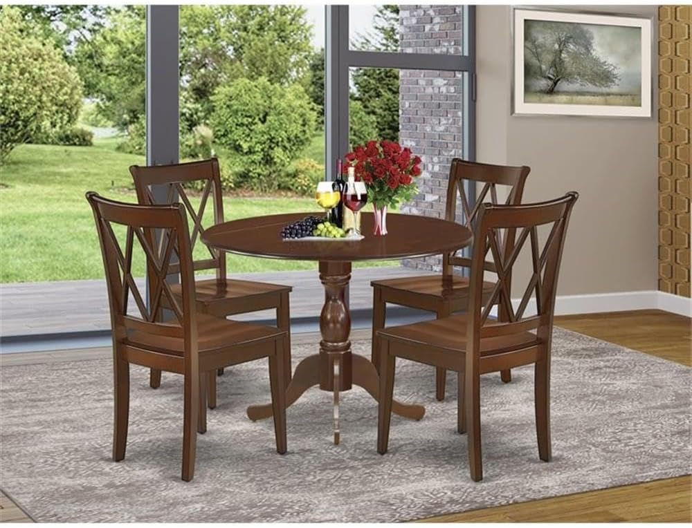East West Furniture DMCL5-MAH-W 5 Piece Kitchen Table & Chairs Set Includes a Round Dining Table with Dropleaf and 4 Dining Room Chairs, 42x42 Inch, Mahogany