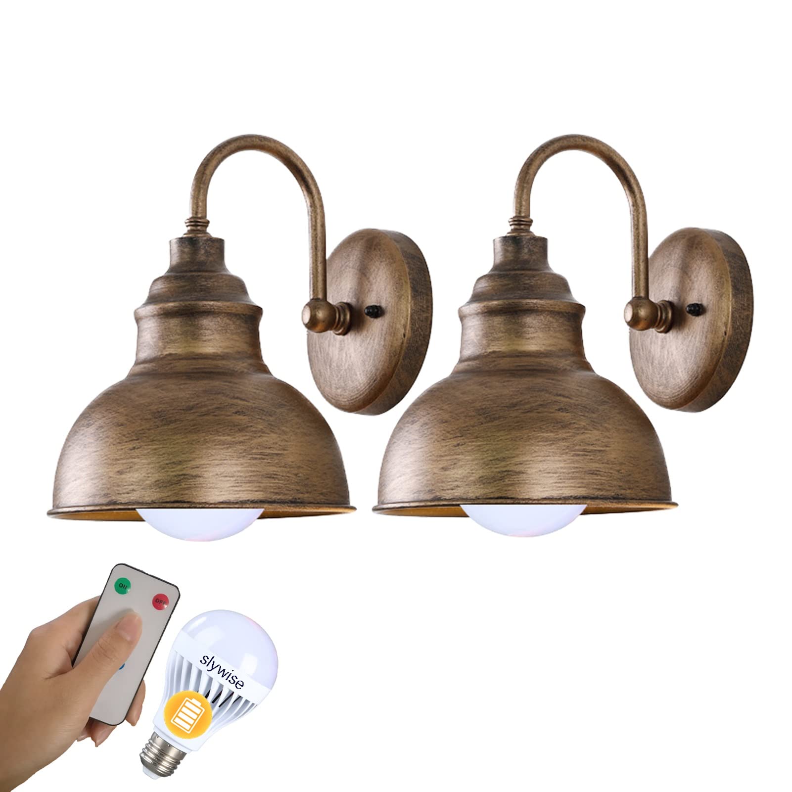 YuanlingVintage Farmhouse Gooseneck Wall Sconces Set Of 2, Battery Operated Remote Control Industrial Bathroom Vanity Barn Wall Light Fixture For Bedroom, Rust Finished, Wireless To Install