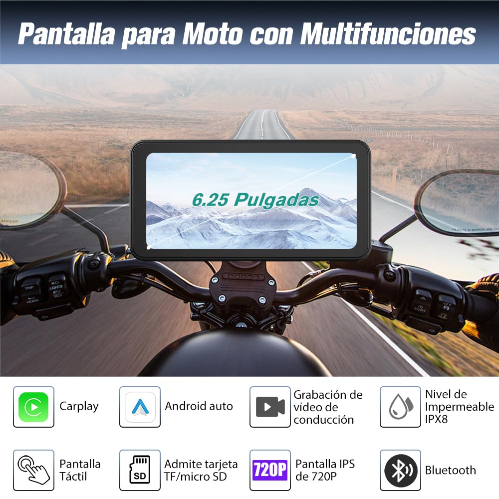 AWESAFE Pantalla Táctil de 6.25 Pulgadas para Motocicleta con CarPlay/Android Auto Inalámbrico, Estéreo Portátil con Pantalla IPS Impermeable/Dashcam 2K Frontal/Soporte para Moto，Admite Bluetooth/TF