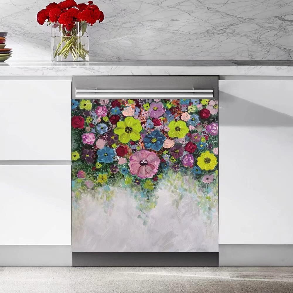 Vivid Colorful Flowers Painting Magnetic Dishwasher Stickers Kitchen Decorative Panel Decal Refrigerator,Washers,Cabinets,Dryer Door Cover Magnet Panel Vinyl Decals 23in W x 26in H