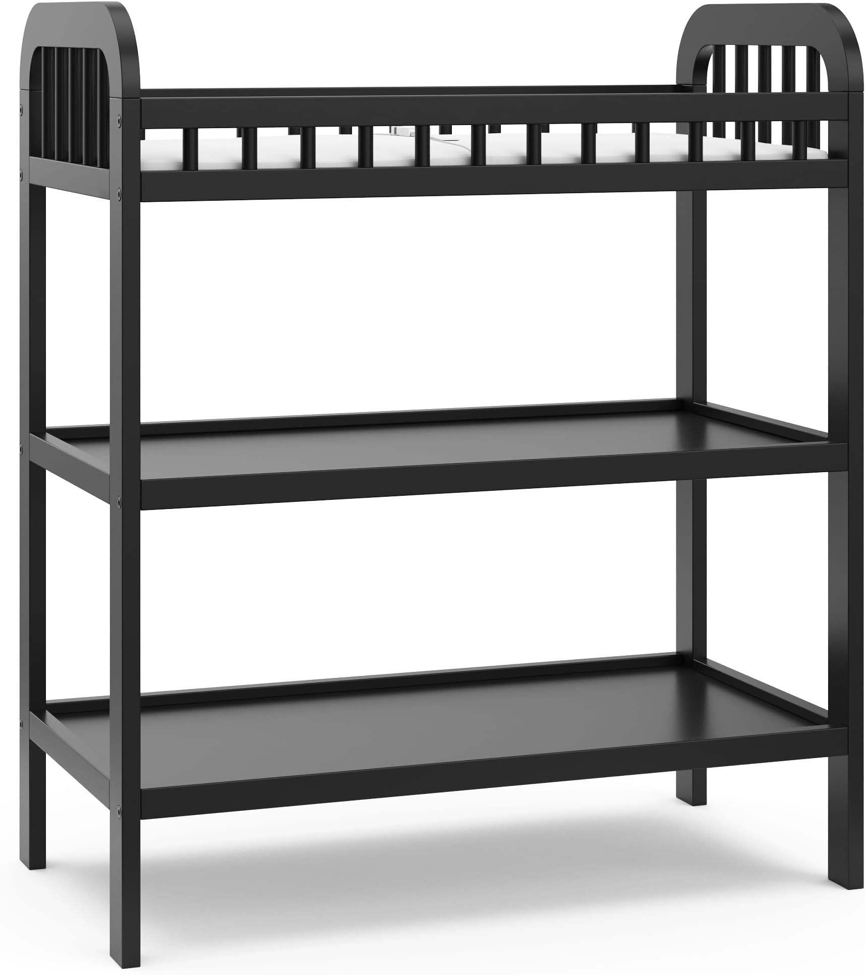 Storkcraft Pasadena Changing Table with Water-Resistant Changing Pad (Black) - GREENGUARD Gold Certified, Includes Bonus Water-Resistant Changing Pad with Safety Strap, 2 Open Shelves