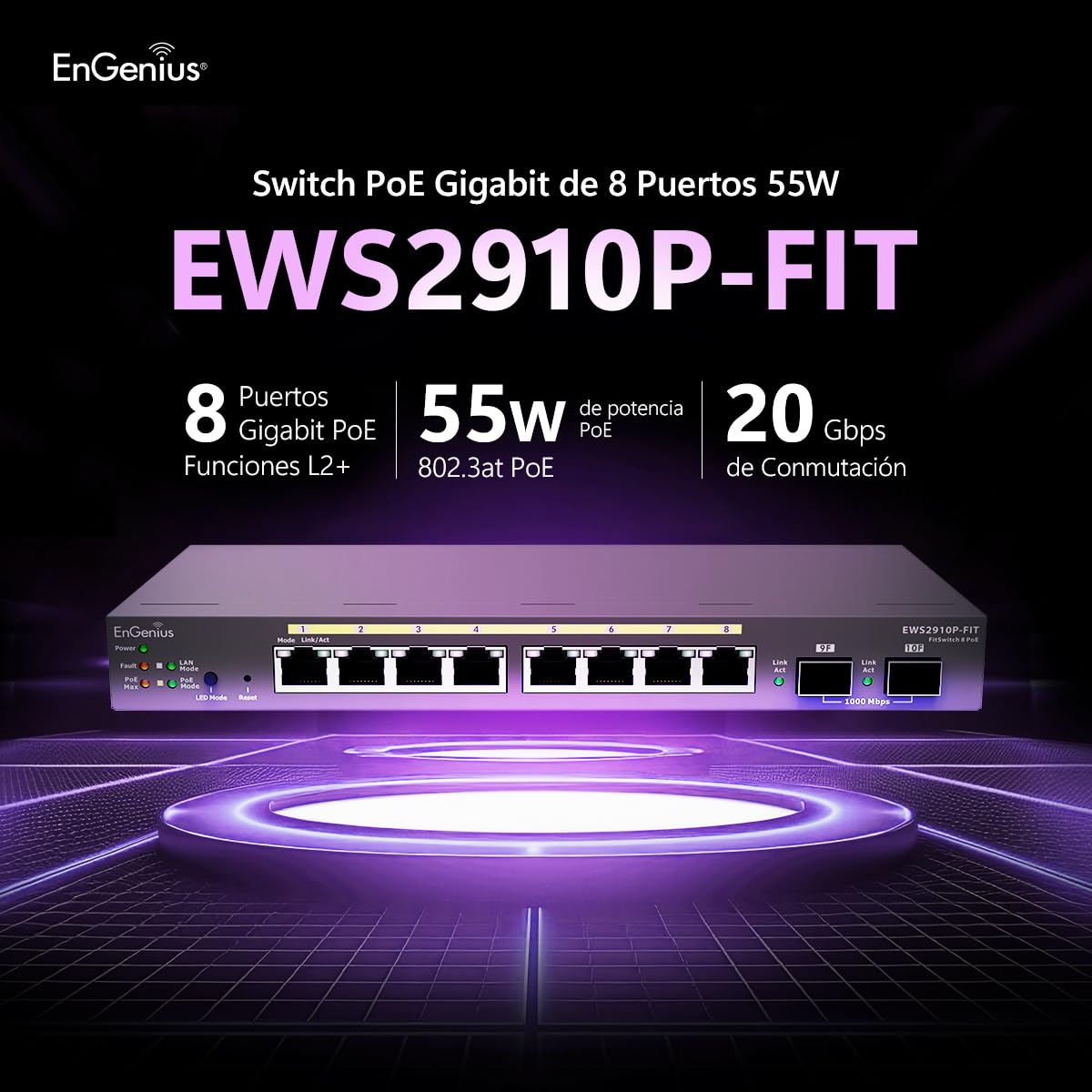 EnGenius Fit EWS2910P-FIT Switch administrado Gigabit PoE de 8 puertos, presupuesto de energía de 55 W, gestión de capa 2+, enlaces ascendentes SFP para redes de pequeñas empresas
