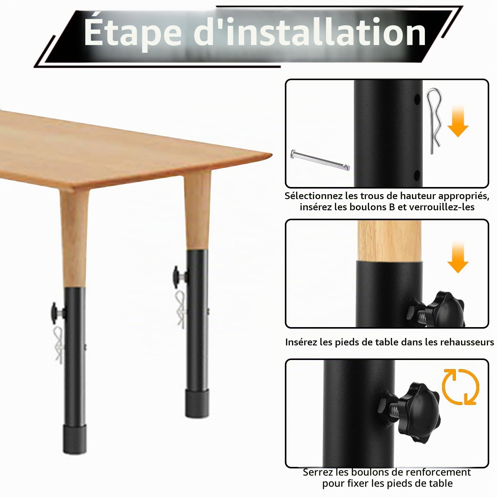 DAJAVE - Lot de 4 rallonges de pieds de table pliables, rehausseurs réglables pour pieds de table incurvés, hauteur réglable jusqu'à 20 cm