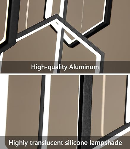 Miniatura 7 de Candelabro de 6 anillos moderno, luz LED contemporánea negra para entrada de sala de estar, lámparas de techo alto regulables con control remoto