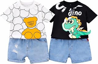 Googo Gaaga Kids Unisex Pack of 2 Cotton Printed Half Sleeve Tshirt With Shorts Set Black Price In India