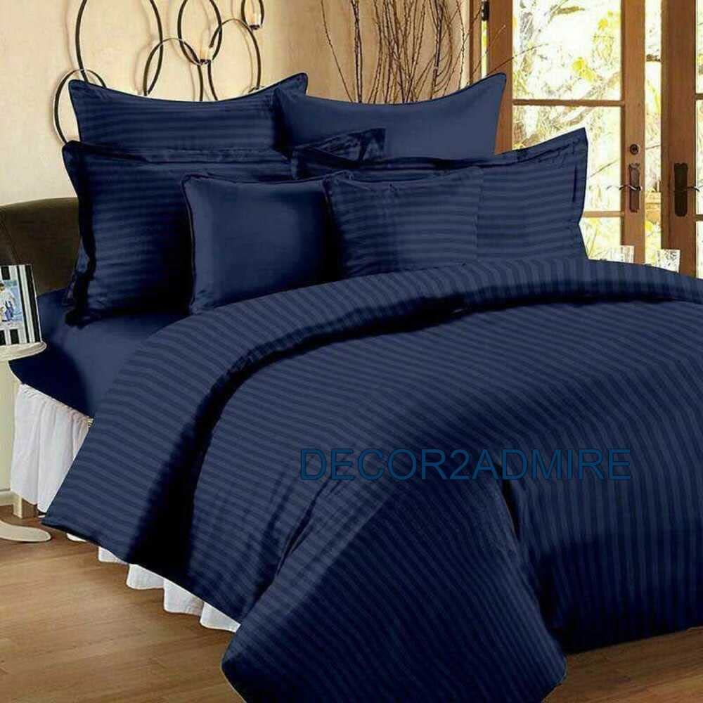 DECOR2ADMIRE 300TC Cotton Plain Stripe Queen Size Double Bedsheet for Double Bed with Two Pillow Covers (Queen, Dark Blue) (90 * 100 Inches)