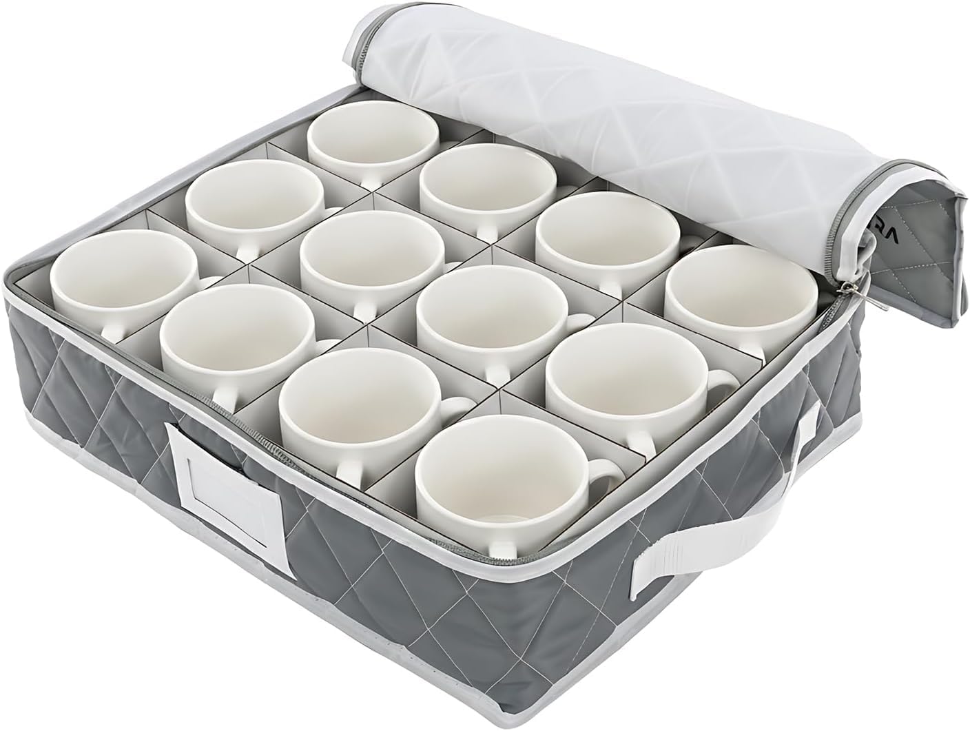 Mug Storage Organizer Set of 2 – 12 Compartment Cup Storage Boxes with Removable Dividers, Stackable Padded Linen & Oxford Fabric Holder with Lid for Coffee Mugs, Glassware & Teacups (Gray)