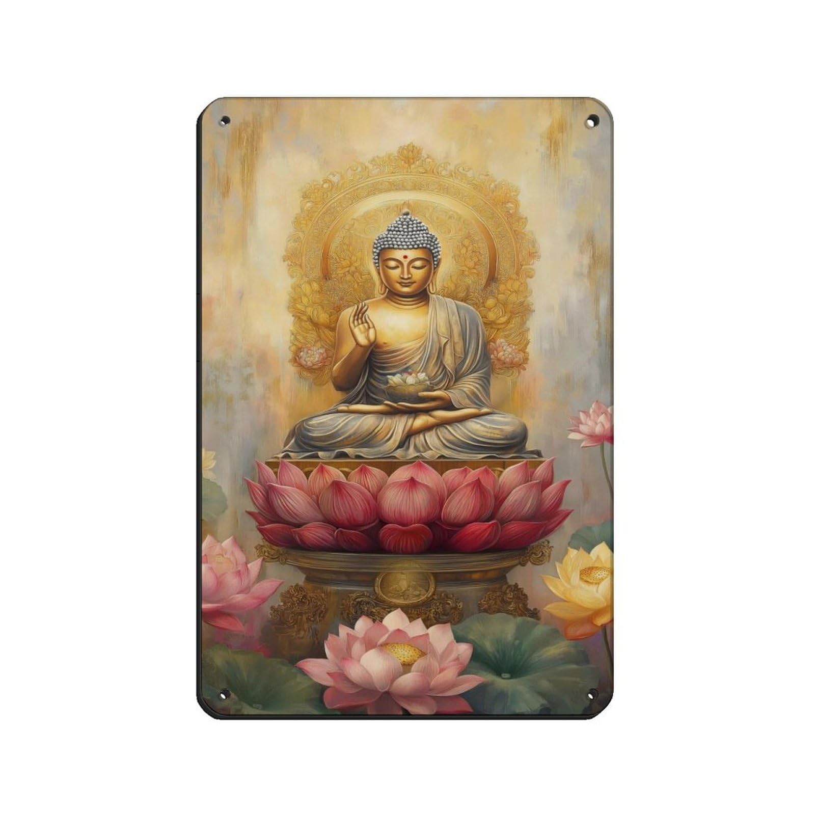 Golden Buddha on Lotus Throne, Spiritual Art Tin Sign Vintage Metal Pub Club Cafe Bar Home Wall Art Decoration Poster Retro 8x12inch(20x30cm)