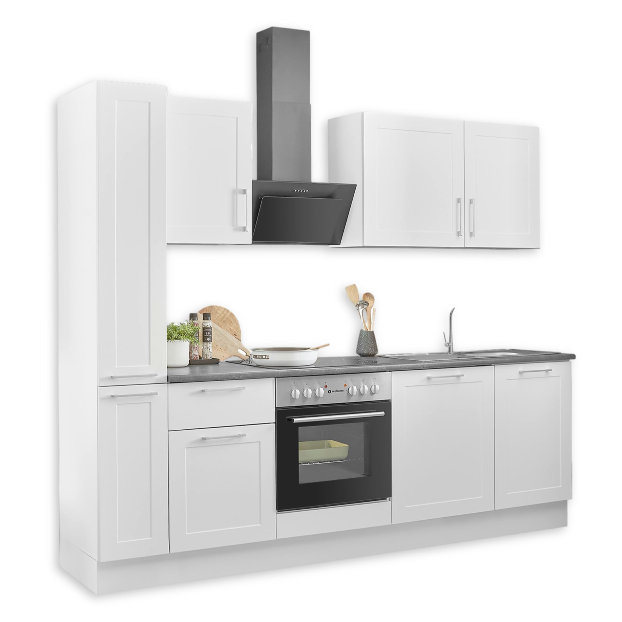 Stella Trading Marsella Moderna Cocina sin electrodomésticos en Blanco, marrón metálico - Amplia Cocina Equipada con Mucho Espacio de Almacenamiento - 250 x 211 x 60 cm (B/H/T)