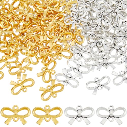 SUPERFINDINGS 100Pcs 2 Colors Bow Pendant Bulk Bowknot Charms Antique