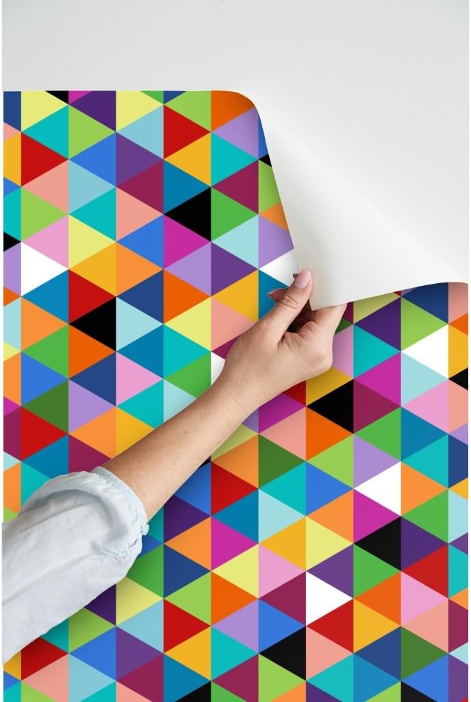 Peel & Stick Wallpaper Swatch - Colorful Geometric Triangle Cheater Quilt Pattern Happy Multi Color Modern Triangles Pop Art Colors Custom Removable Wallpaper by Spoonflower
