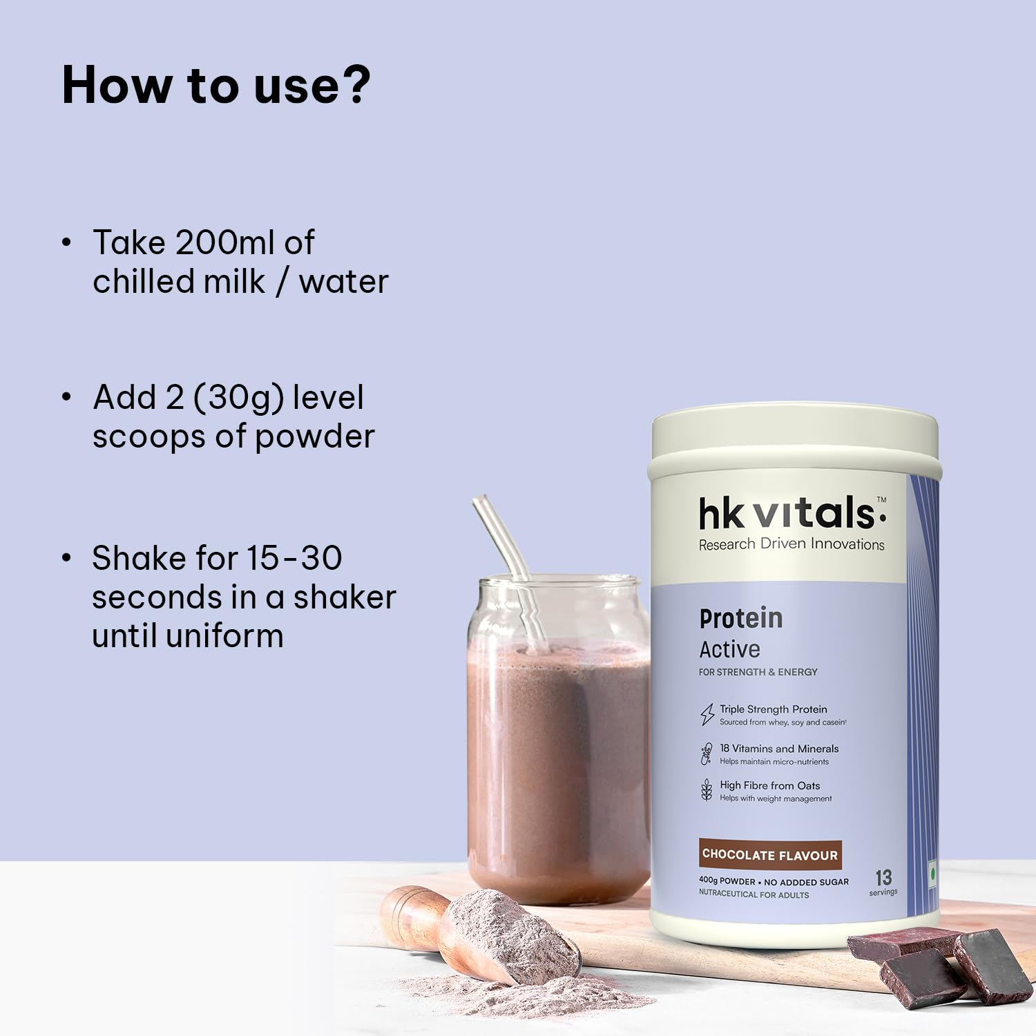 hk vitals Protein Active (Chocolate, 400g / 0.88lbs) | All in One Triple Strength Protein | For Immunity and Stress-Relief 3
