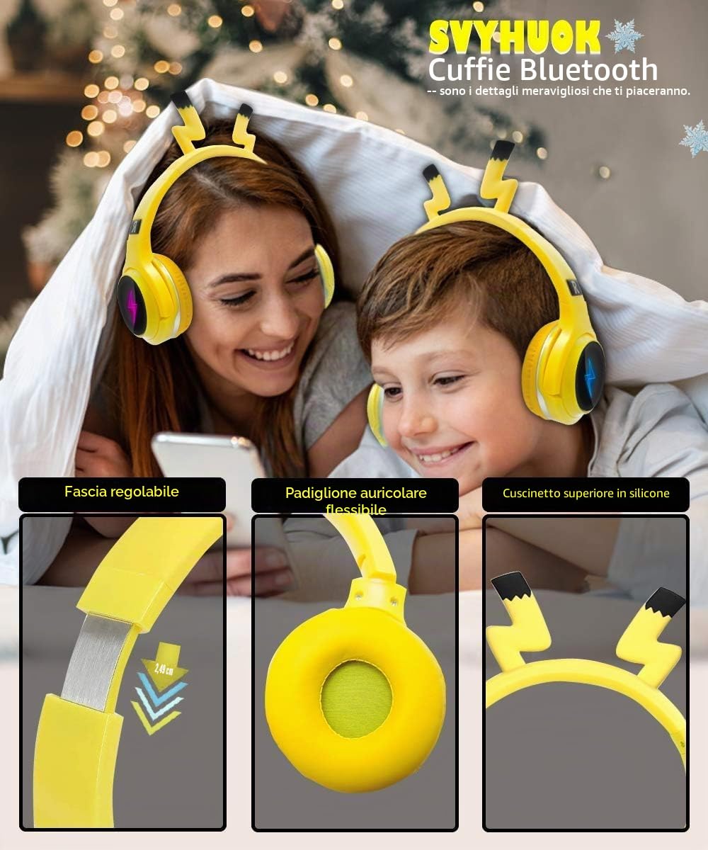 SVYHUOK Cuffie Wireless Bluetooth Bambini per Ragazzi Bambine, Giallo Cuffie con Microfono, Cuffie Over Ear Pieghevole con Luci a LED per cellulare/tablet/PC/laptop/IPad Compleanno Xmas Regali