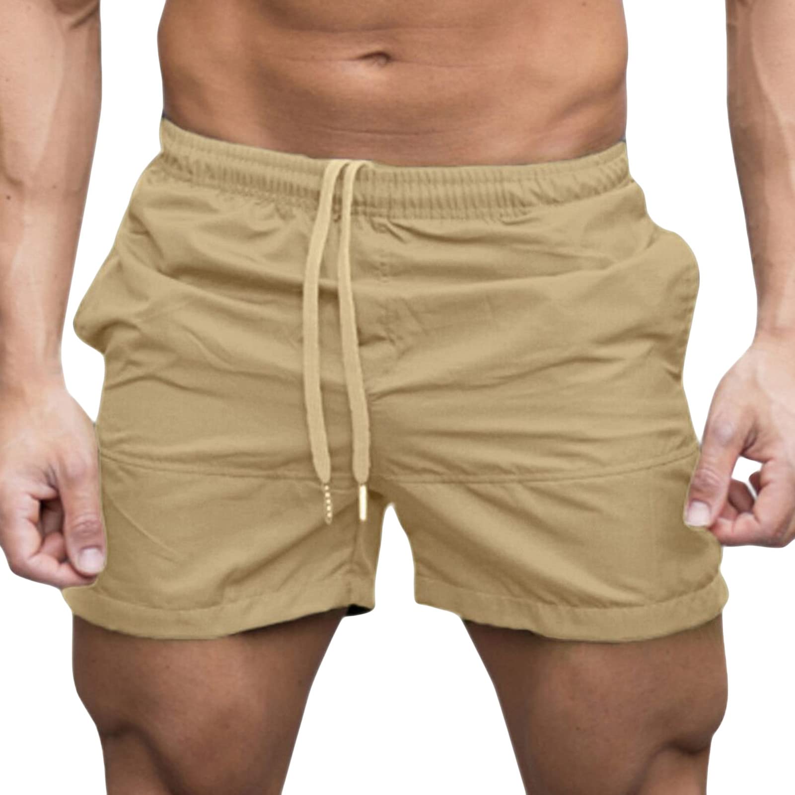 Maiyifu-GJ Men's Workout Sports Shorts Quick Dry Lightweight Running Gym Shorts Casual Summer Beach Swim Trunks with Pockets (Khaki,Large)