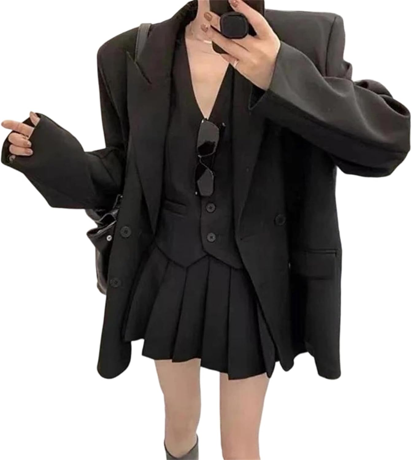 Women’S Fall Vintage Blazer Vest High Waist Pleated Skirt Three Piece Set Vest Skirt Suits Blazer and Pencil Skirt Sets
