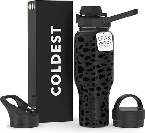 COLDEST - Botella deportiva de 3 tapas (con pico, con pitillo y con asa), vaso con aislamiento al vacío, de acero inoxidable, se adapta a la tapa