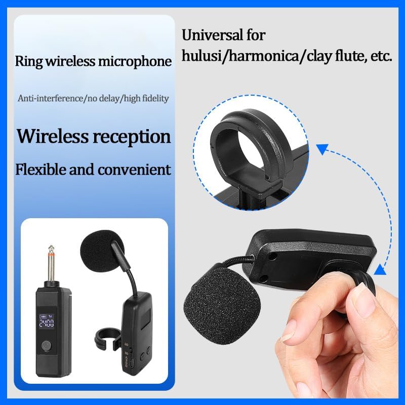 2.4G Wireless Ring Microphone System for Harmonica, Flute, Xiao, Hulusi, Ocarina, Suona——65ft Range Mini Clip-On Mic with Digital Screen & Noise Reduction for Wind Instruments Performance