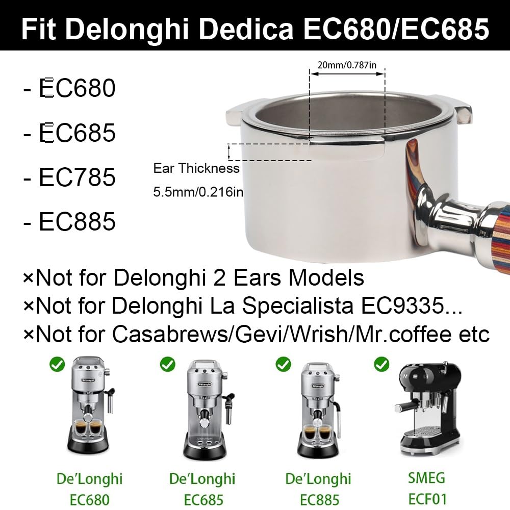 CAPFEI Portafiltro sin fondo, 51 mm, solo compatible con DeLonghi Dedica EC680/EC685/EC885 con 3 orejas, cesta de filtro de 0,3 mm poros, color mango de madera
