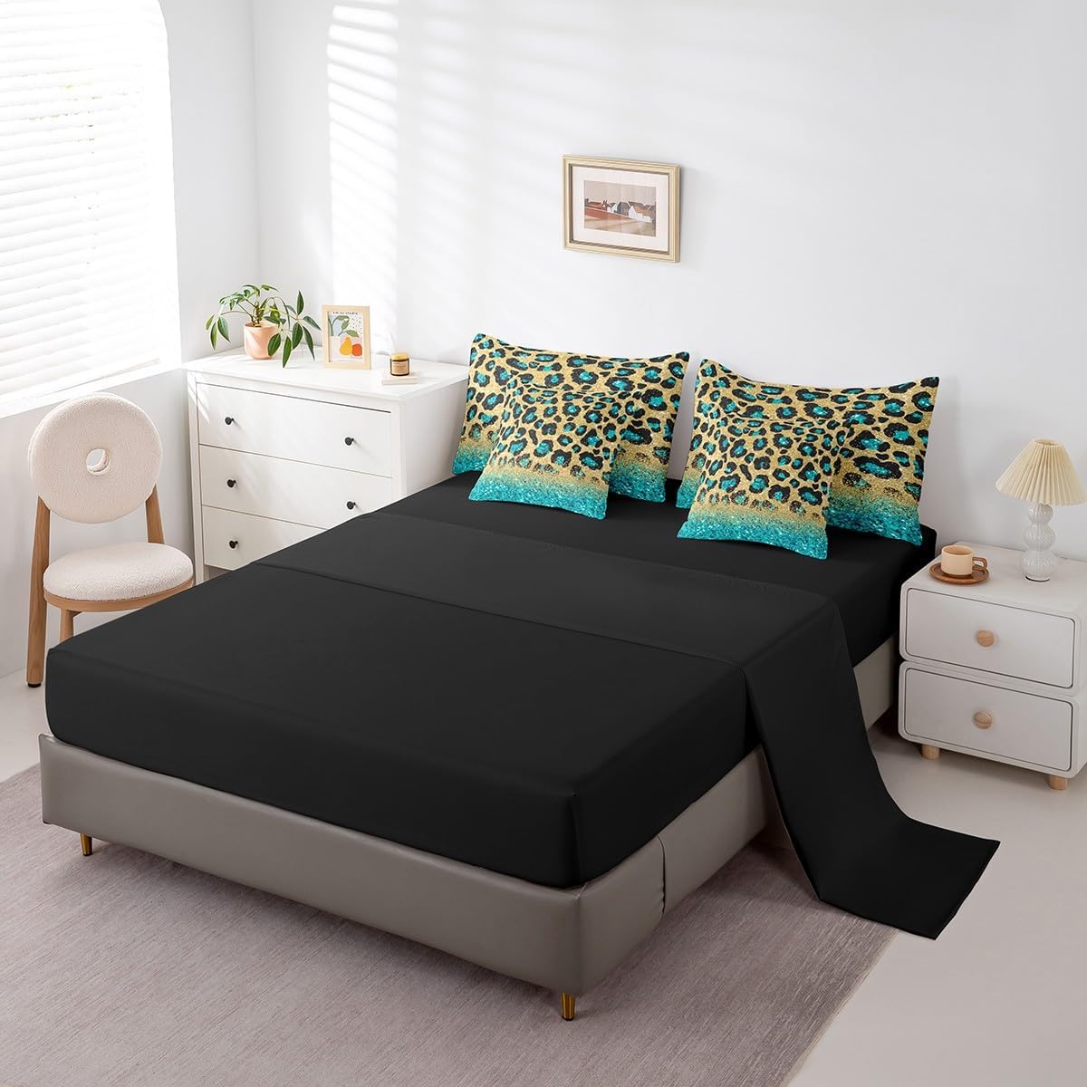 Teal Leopard Print Full Comforter Set with Sheets for Girls Bedroom Decor,Wild Animal Skin Print Bed in a Bag Reversible Teal Gold Glitter 7 Pcs Bedding Sets Luxury Cheetah Pattern Bed Set
