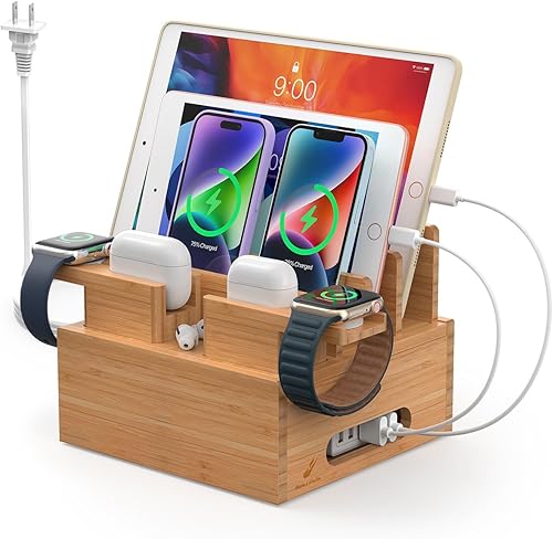 Organizador de estación de carga de bambú para múltiples dispositivos incluye cargador USB de 5 puertos paquete de 6 cables de carga y