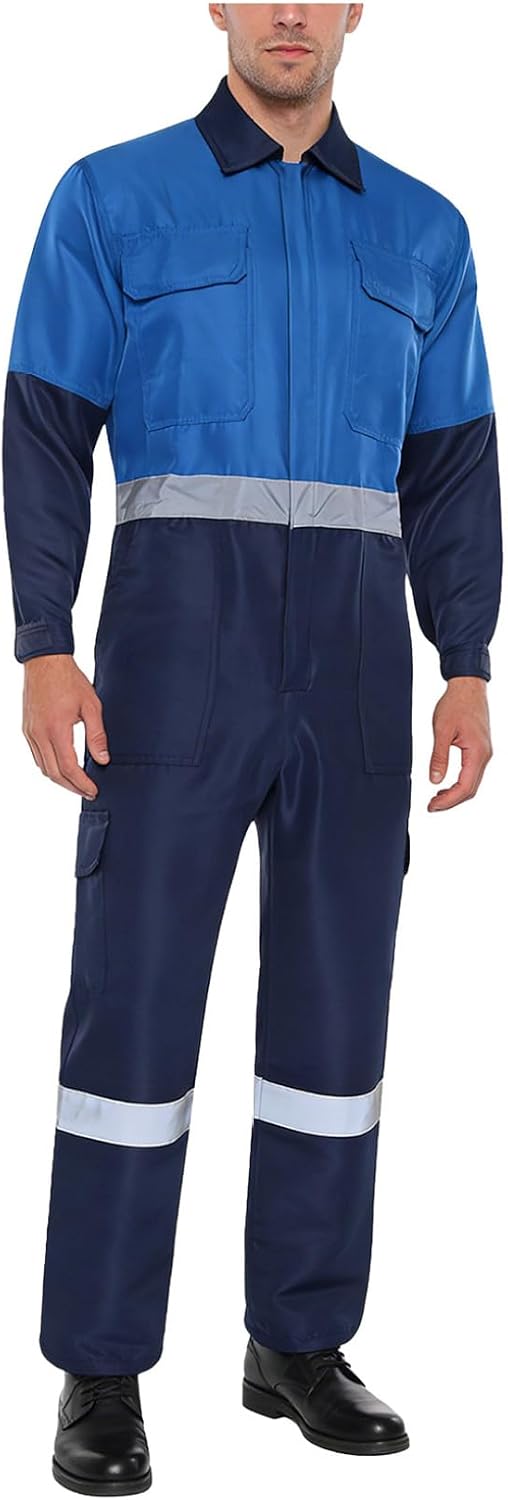 Hularka Mens Long Sleeve Coveralls Reflective Stripes Safety Work Overalls for Workshop Worker