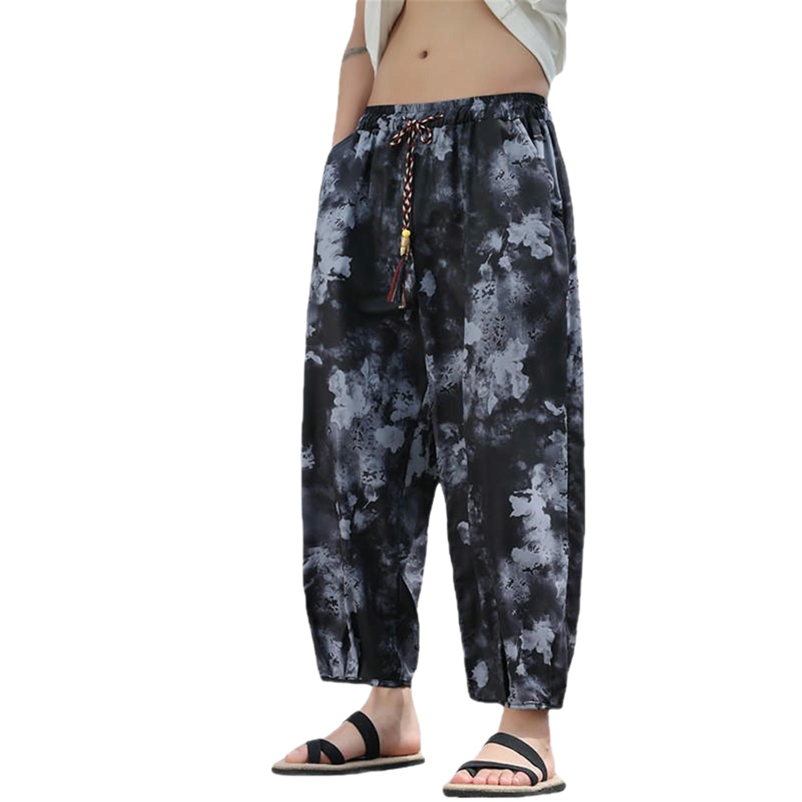 Pantalon de jogging en soie glacée fluide avec imprimé chinois unique