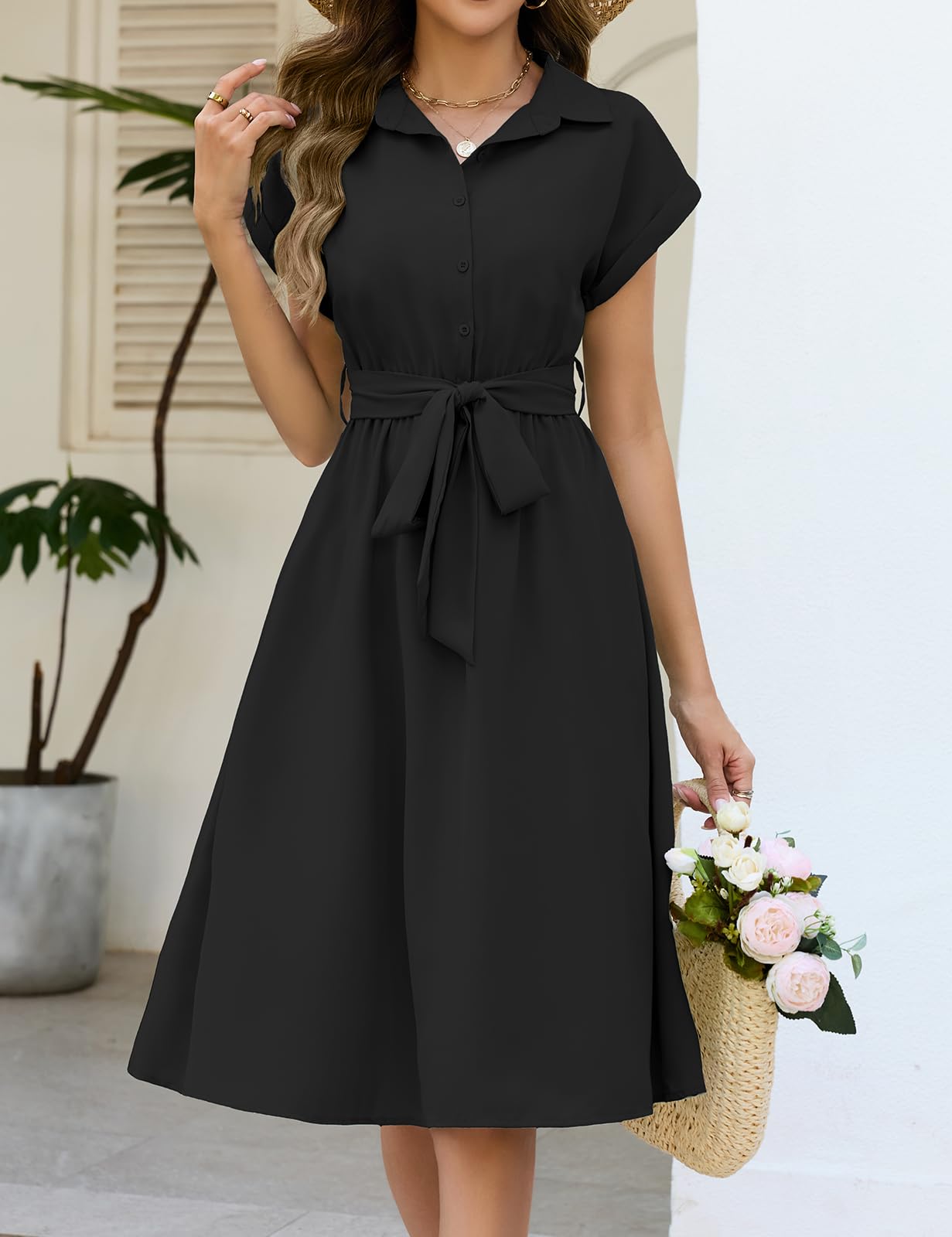 HEEKPEK Vestito Donna Estivo Manica Corta Casual Abito Scollo a V Vita Alta A Line Abiti Lungo Elegante Abito Camicia Colori Solidi Vestiti con Tasche e Cintura