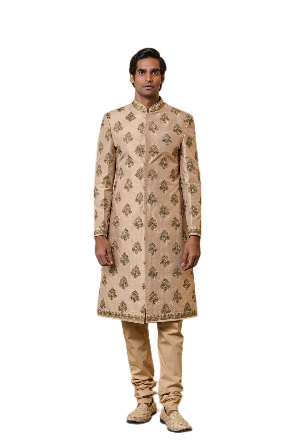 tasva Gold All Over Zari Butta Embroidered Sherwani For Men-picture-45