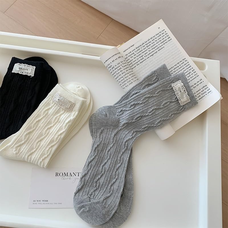 3 Pairs Knit Socks for Women, Retro Pattern Comfort Cew Slipper Sock for Fall Winter