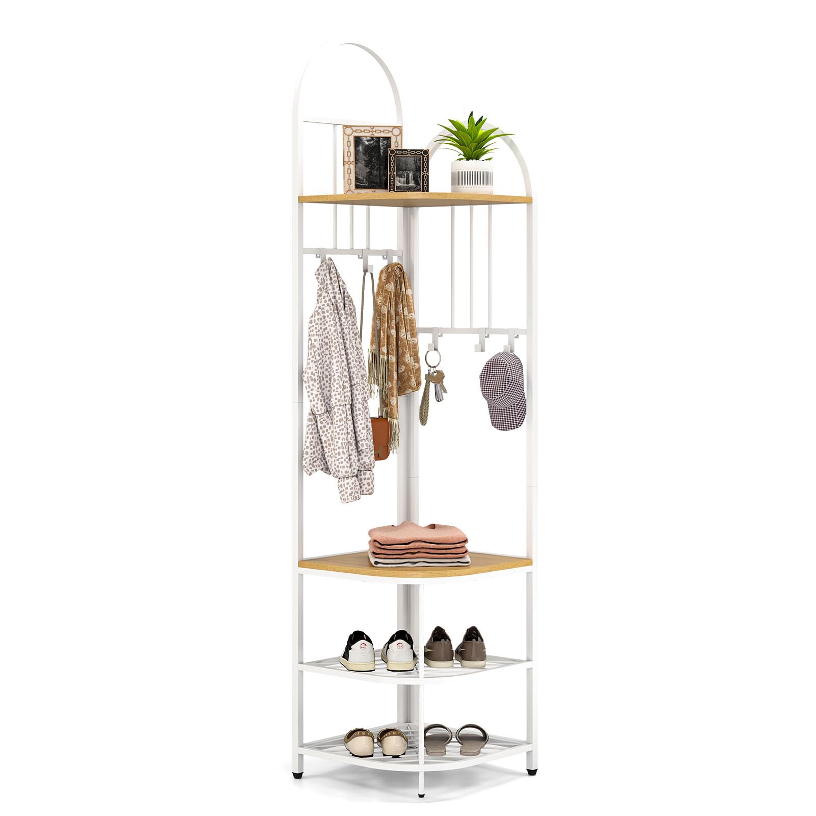 Tangkula Corner Hall Tree, 71 Inch Tall Entryway Coat Rack with Shoe Bench & 4 Storage Shelves, 6 Movable Hooks, Freestanding Metal Corner Clothes
