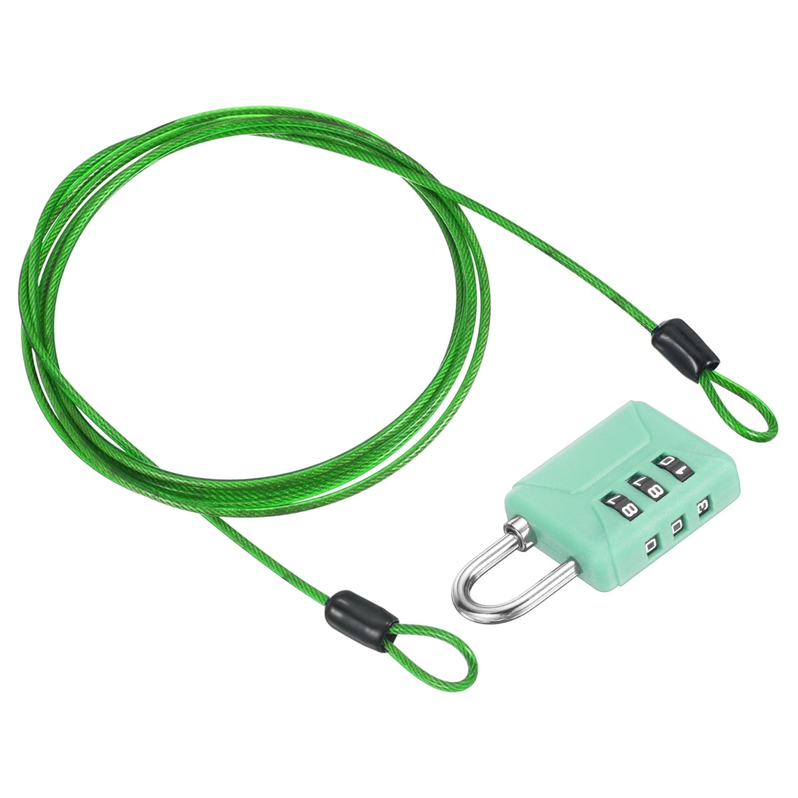PATIKIL 6.6ft(78.7") Security Steel Cable with 3 Digit Combination Lock, 1 Set Travel Padlock PVC Coated Safety Wire Rope Double Loop for Luggage Suitcase, Clear Green Green