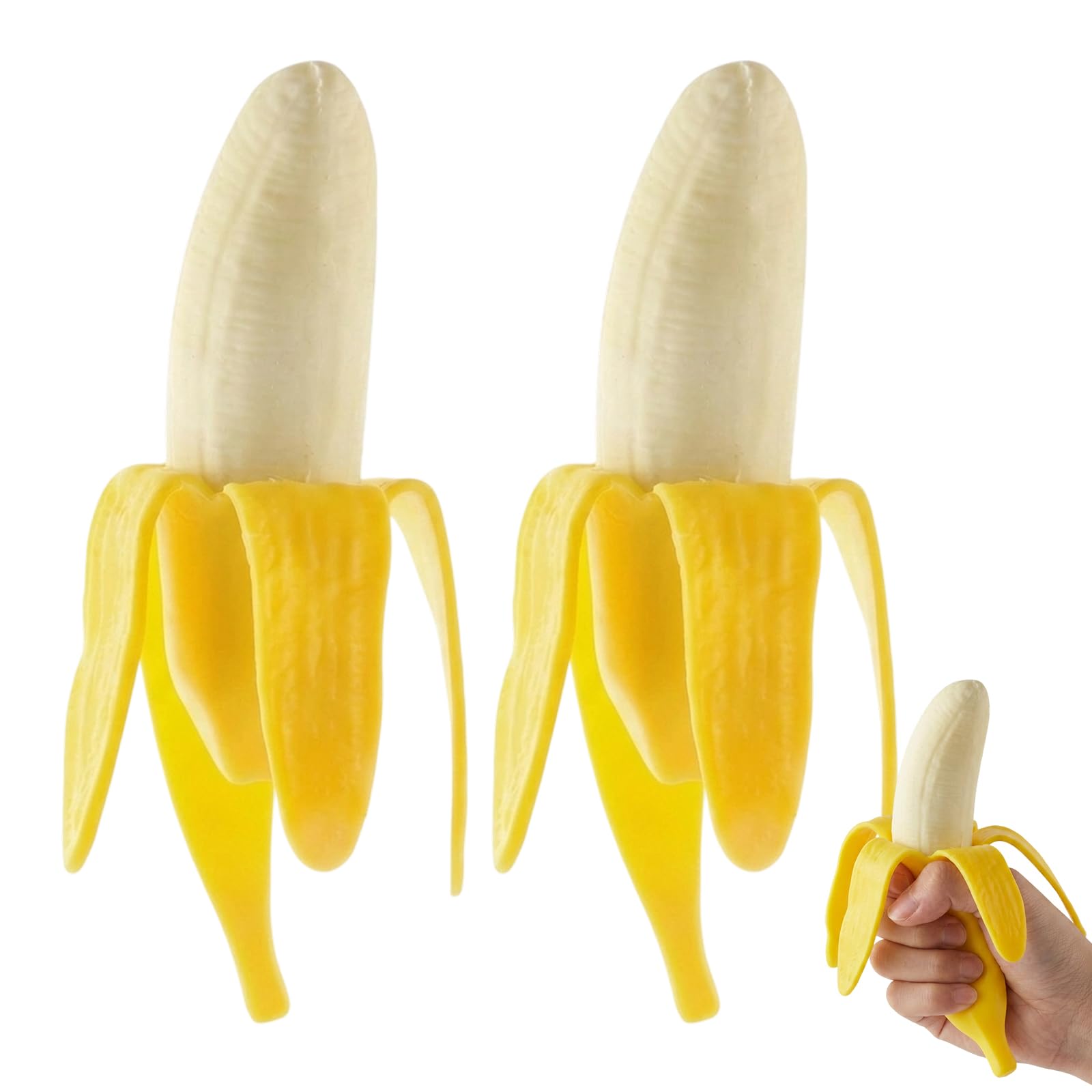 suction 2PCS Banana Squishy, Two Soft Simulation Fruits for Desk Decor and Hand Exercise, Portable Size for Various Activities, Set of Two Yellow Peel Banana Items
