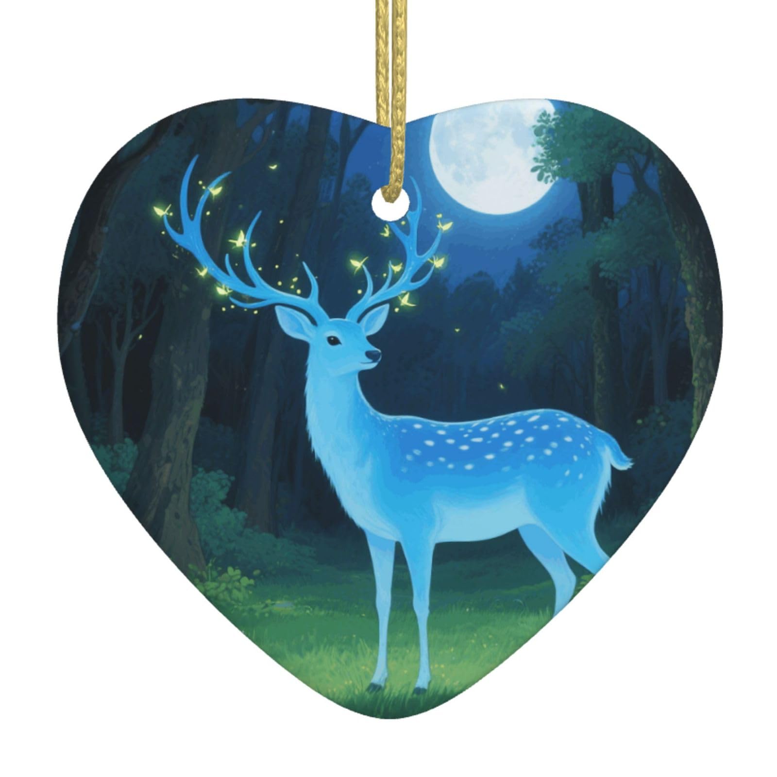 Blue Deer Christmas Ornament 2025 Heart Ceramic Hanging Ornaments for Home Decor Christmas Decorations with Gold Rope Double-Sided Xmas Tree Ceramic Hanging for Holiday Party
