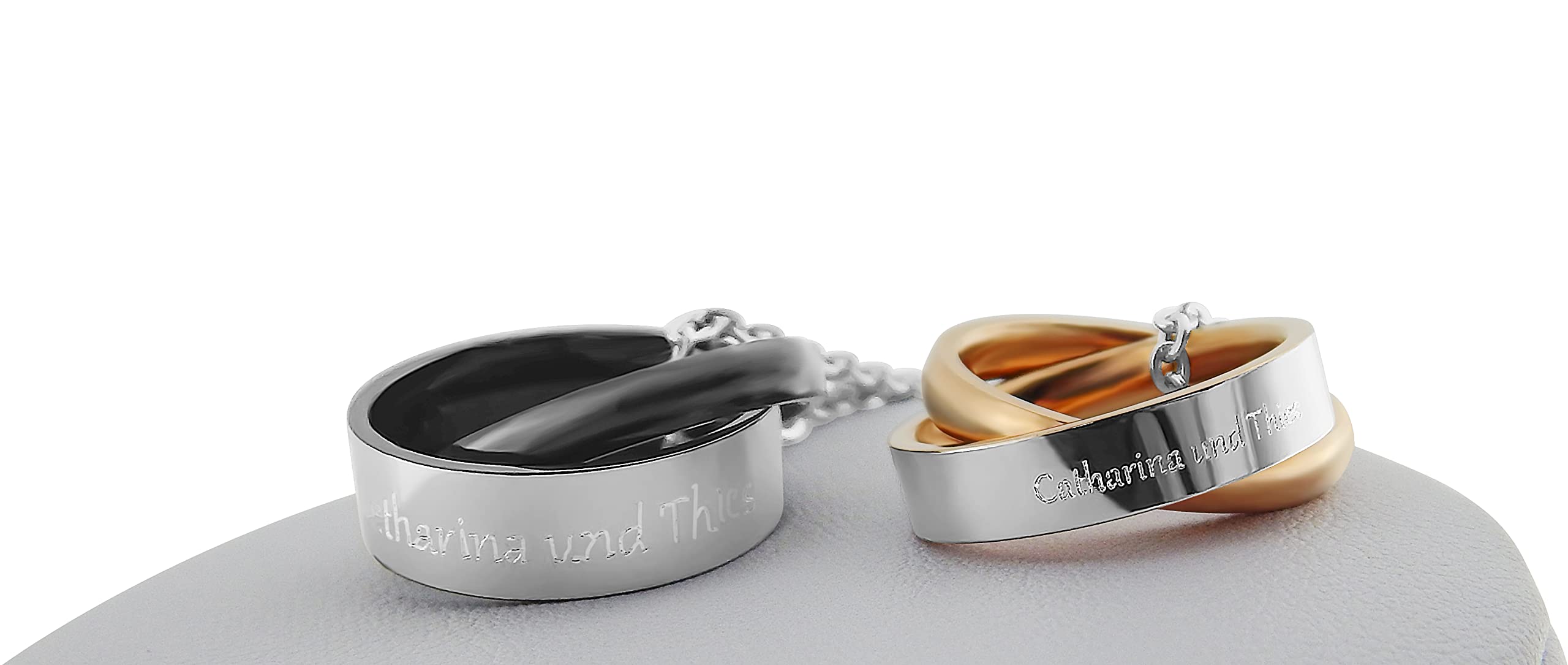 2 Stück Personalisierte Kette mit Gravur Edelstahl 50 cm mit Anhänger mit Ring mit Strass-Stein in schwarz gold - Personalisierte Geschenke Damen Herren Freundin Freund - Partner Halskette