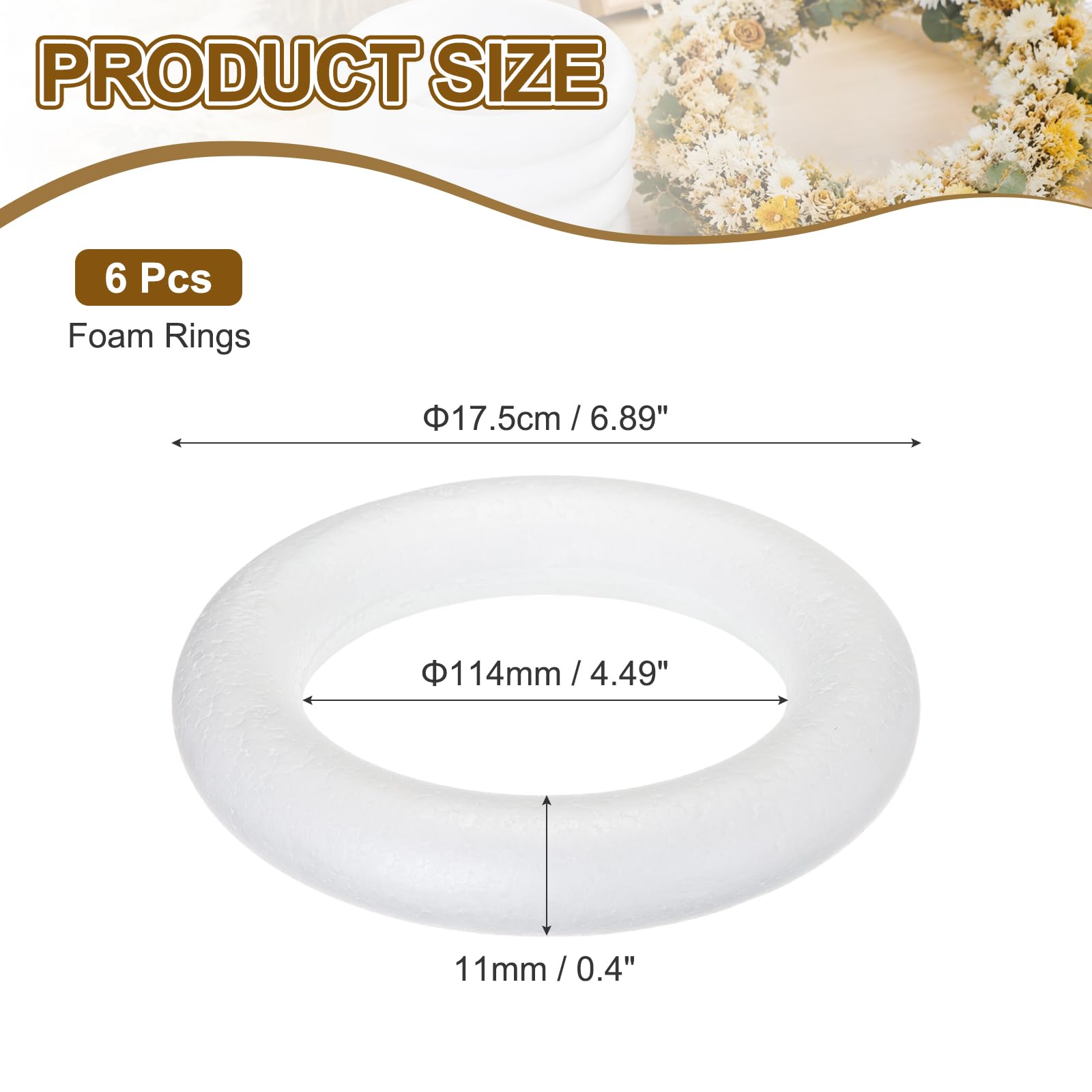 MECCANIXITY Lot de 6 couronnes en mousse Blanc 17,5 cm / 6.89in | Couronne ronde en mousse légère en polystyrène pour mariage, maison, projets floraux, loisirs créatifs, décoration de Noël