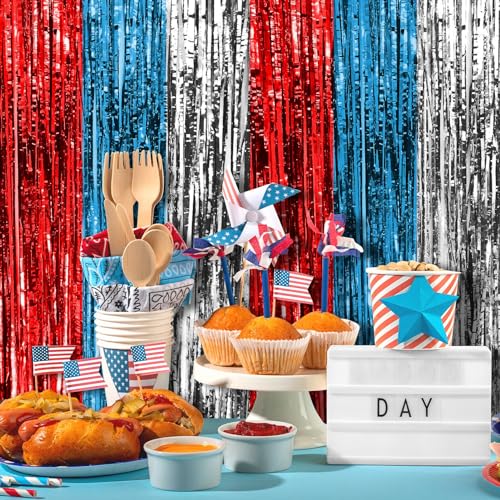 Childom 4th of July Decorations,2 Pack Red White Blue Tinsel Foil Fringe Curtains,Patriotic Decorations 3.28 x 8.2ft,July 4th Photo Booth Prop Streamer Backdrop for Independence Day Patriotic Party