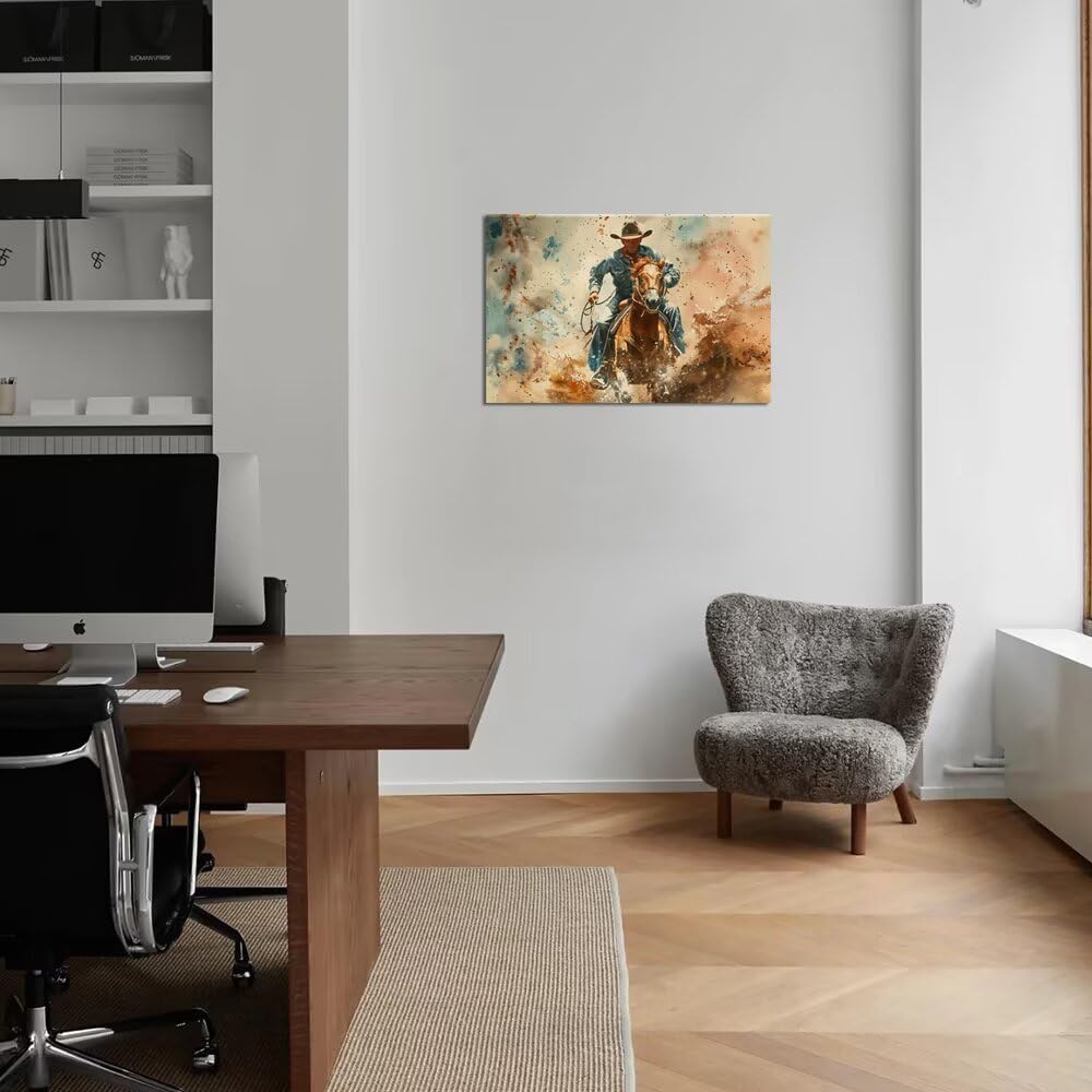 Cowboy Wall Art Pictures Vintage Horse Poster Canvas Prints Western Cowboy Artwork Wall Decor for Living Room Bedroom Office Home Decorations Framed Ready to Hang (18''H x 24''W)