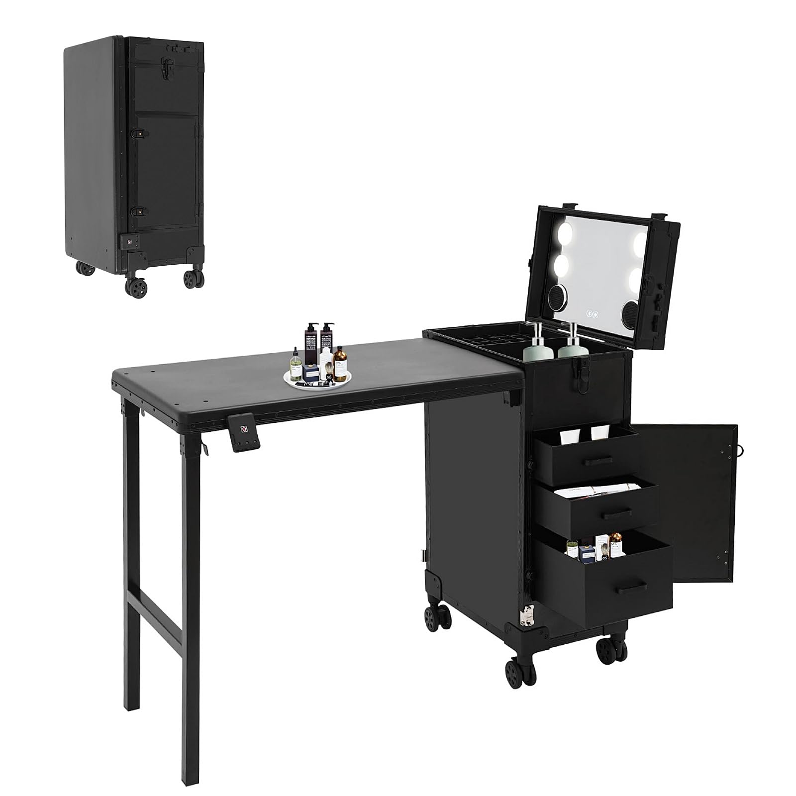 Valigetta cosmetica professionale Trolley 2 in 1 con tavolo fino a 50 kg, tavolo per manicure con 3 cassetti, specchio LED, 4 rotoli, valigetta multifunzione per cosmetici, Nero , 38.6*32