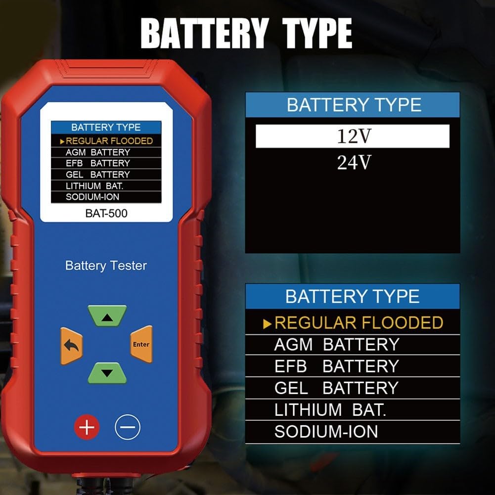 Batterietester 12V/24V für Blei-Säure-AGM-EFB-Lithium-Akkus, Innenwiderstand-Messgerät mit Farbdisplay, CCA-SOC-SOH-Diagnose für Auto-LKW-Werkstatt