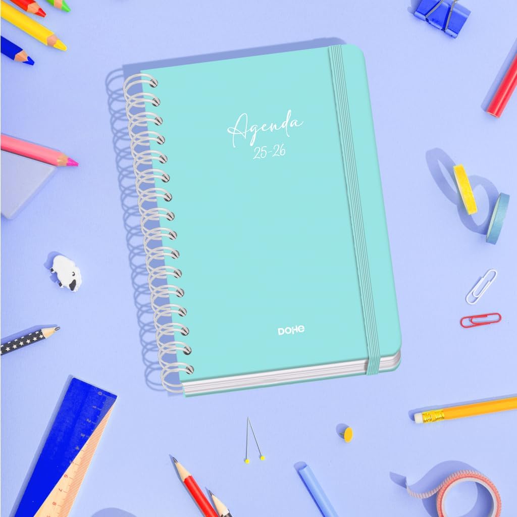 Dohe - School Agenda 2025 2026 - Weekly Overview, Size A5 (15 x 21 cm), Spanish and English, Double Spiral Bound and Elastic Band, Hard Cover, 4 Sticker Pages - Serenity Green