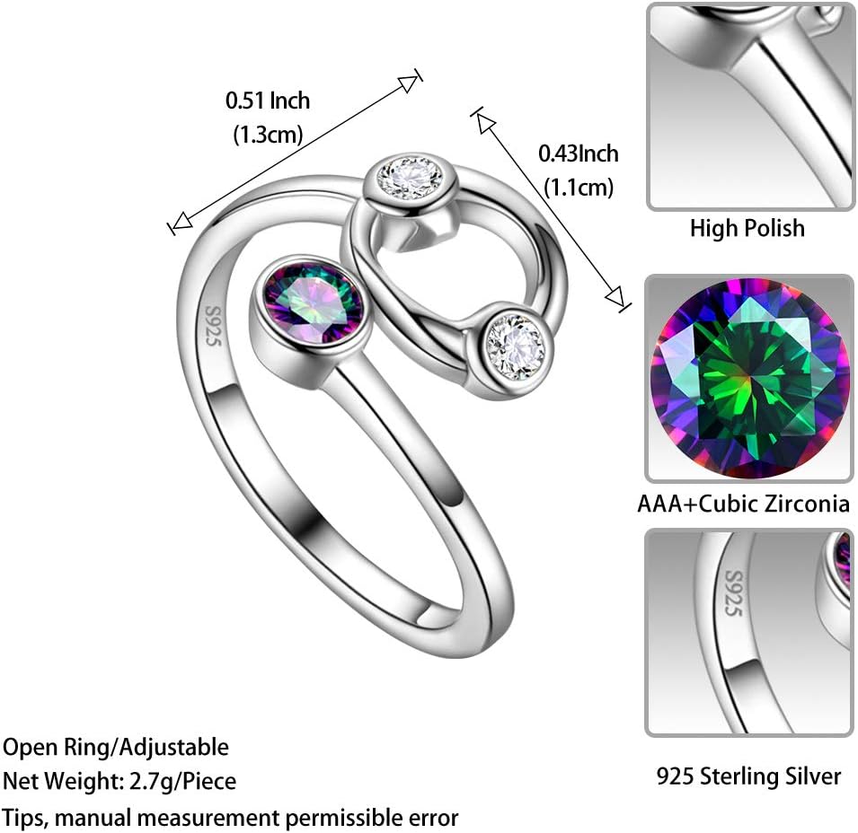 Adjustable Zodiac Sign Ring 925 Sterling Silver Fine Jewelry Gifts Rainbow Mystic Topaz Zirconia 12 Constellation Ring Astrology Cute Scorpio Ring Celestial Zodiac Jewelry Birthday for Women Girls