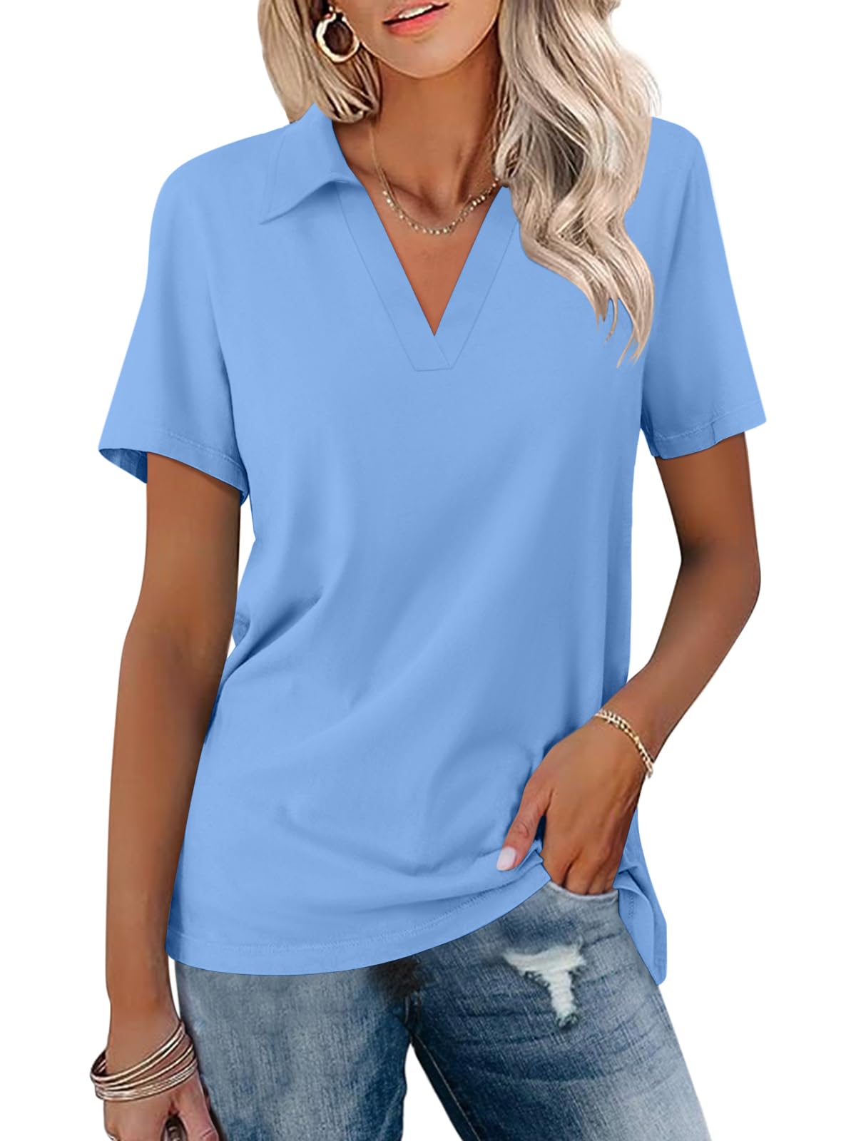 TICTICMISS Women's Polo Shirts Short Sleeve V Neck Summer Tops Business Casual Collared Shirts Loose Tees