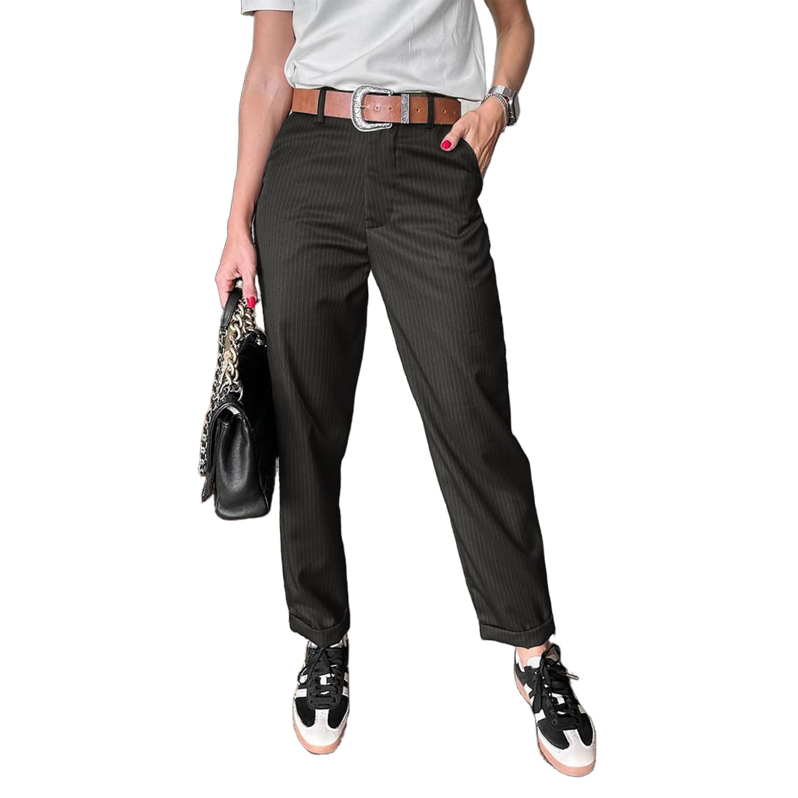 Womens Casual Dress Pants Striped High Waisted Cuffed Ankle Pants Straight Loose Business Work Trouser