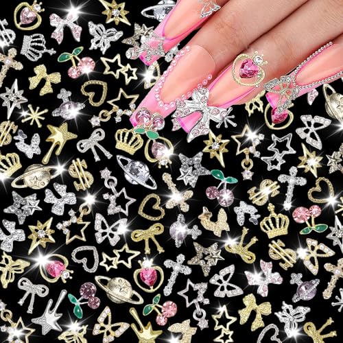 120 Pcs Silver Gold Nail Charms 3D Butterfly Cherry Star Bow Cross Planet Crown Heart Dollar Nail Gems Shiny Nail Rhinestones for Women Nail Art DIY Design（21 Styles