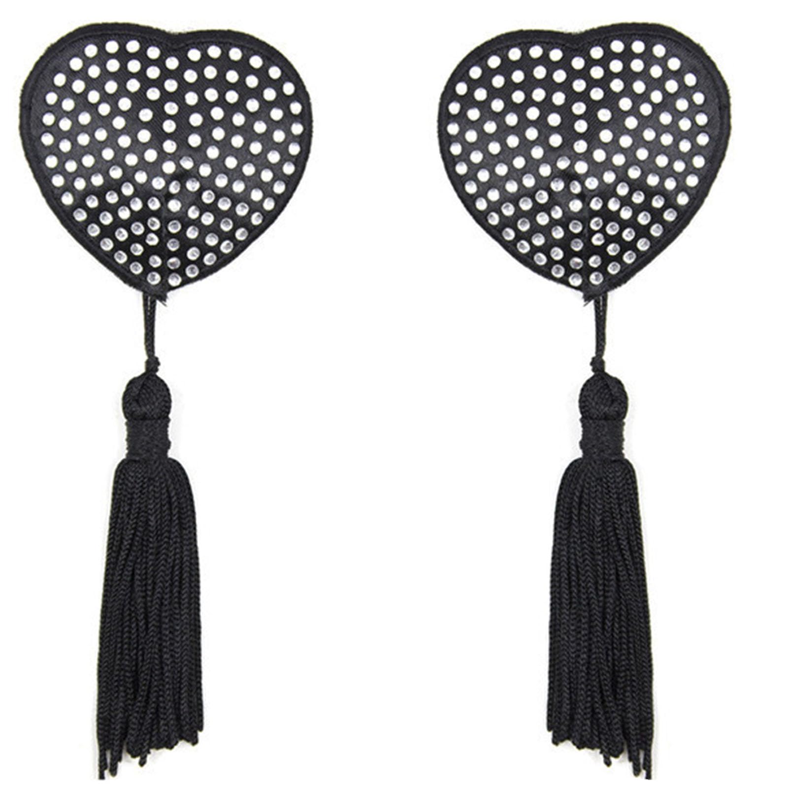 Firstxiu Women's White Rhinestones Heart Shape Nipple Covers With Tassels Reusable Adhesive Pasties Raves Party Breast Pads Sticky Bra